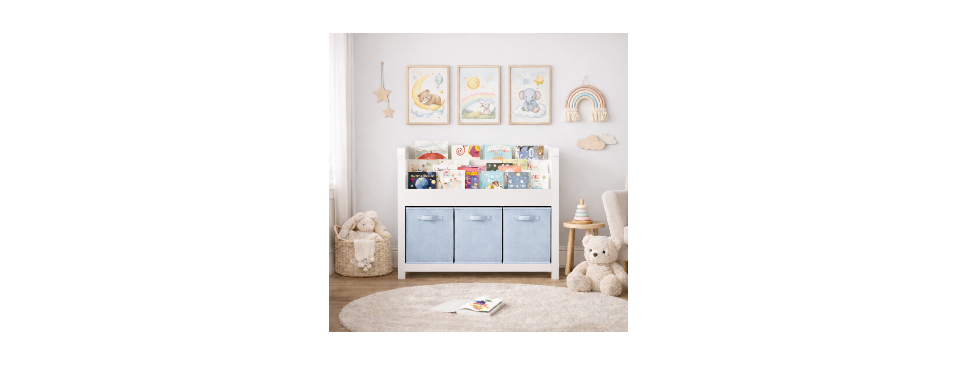 Streamdale Furniture Kids Bookshelf with 3 Tier Storage & 3 Fabric Bins, Wooden Toddler Bookcase