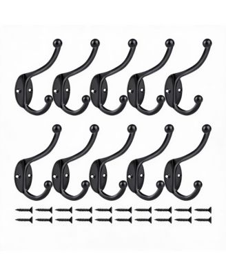 10Pcs Black Zinc Die-Cast Coat Hooks, Dual Design, 35Lbs Capacity, Easy Install