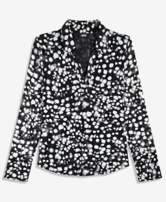 Women's Long-Sleeve Printed Mesh Collared Top