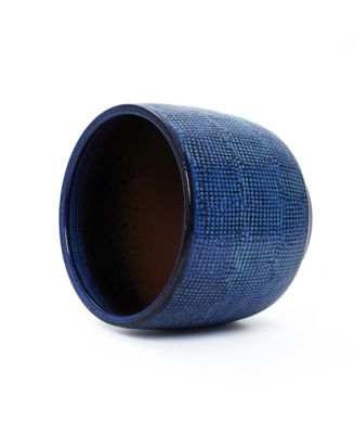 15.75-Inch Round Ceramic Planter, Deep Blue Glaze with Basket Texture