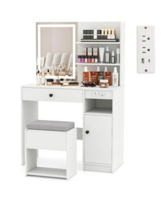 Vanity Desk Set with Mirror & Lights Power Outlet Cushioned Stool