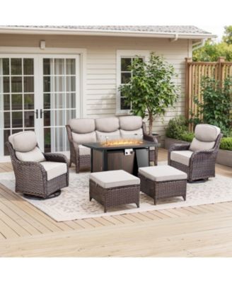 Crescent Brown Wicker Fire Pit Conversation Set with Olefin 6 In. Thick Cushions Patio Swivel Chairs (7-Piece)