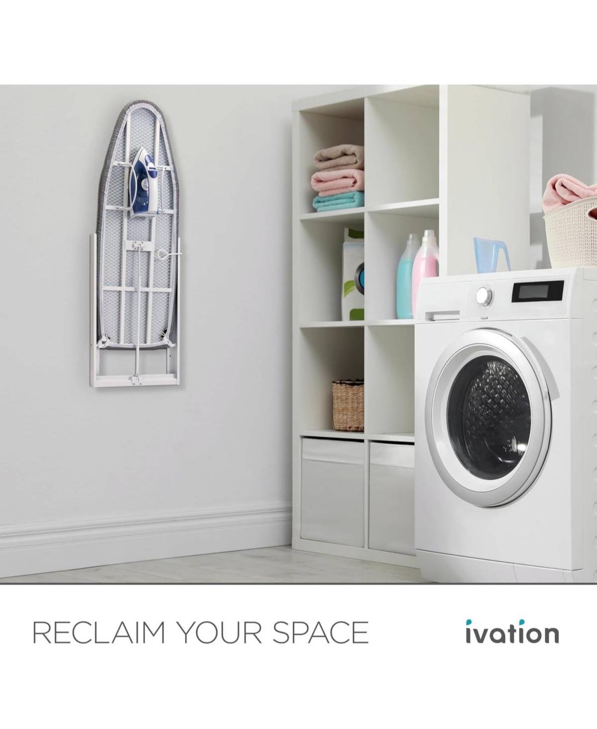 Ivation Wall-Mounted Ironing Board, Foldable Iron Board with Iron Holder, Space Saving Design