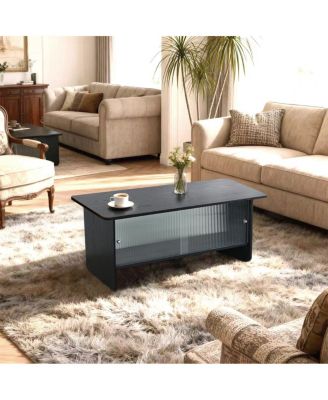 Rectangular Modern Minimalist Coffee Table with Sliding Glass Door Storage