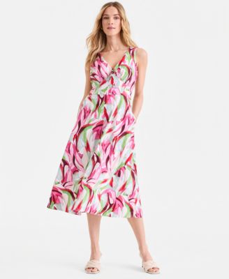 Women's Sleeveless Printed Linen-Blend Midi Dress
