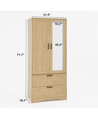 2-Door Wood Wardrobe with Hanging Rod, 2 Drawers, Mirror & Light