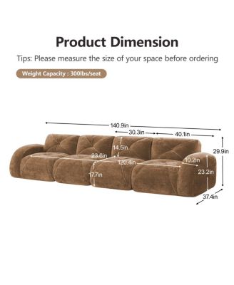 Camel 140" Soft Velvet Boneless Sofa with Tufted Design, No Assembly Required