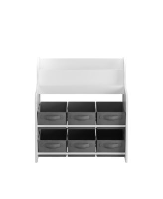 Kids Bookshelf with 6 Fabric Bins, Multi-Functional Bookcase & Toy Organizer - White/Gray