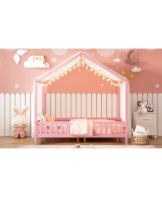 Montessori Floor Bed with Canopy, Full Size House Shape Toddler Bed Frame