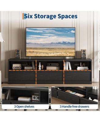 70" TV Stand for TVs up to 85", Mid-Century Modern Entertainment Center with Drawer & Open Shelves, Black