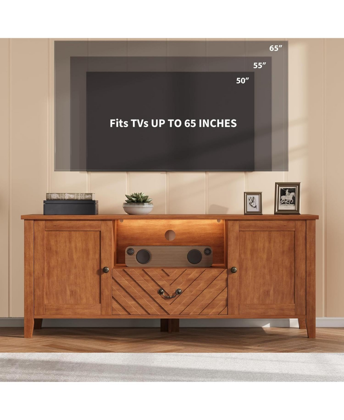 gaomon Tv Stand for 65" Tv with Led Lights, Entertainment Center with Storage, Brown