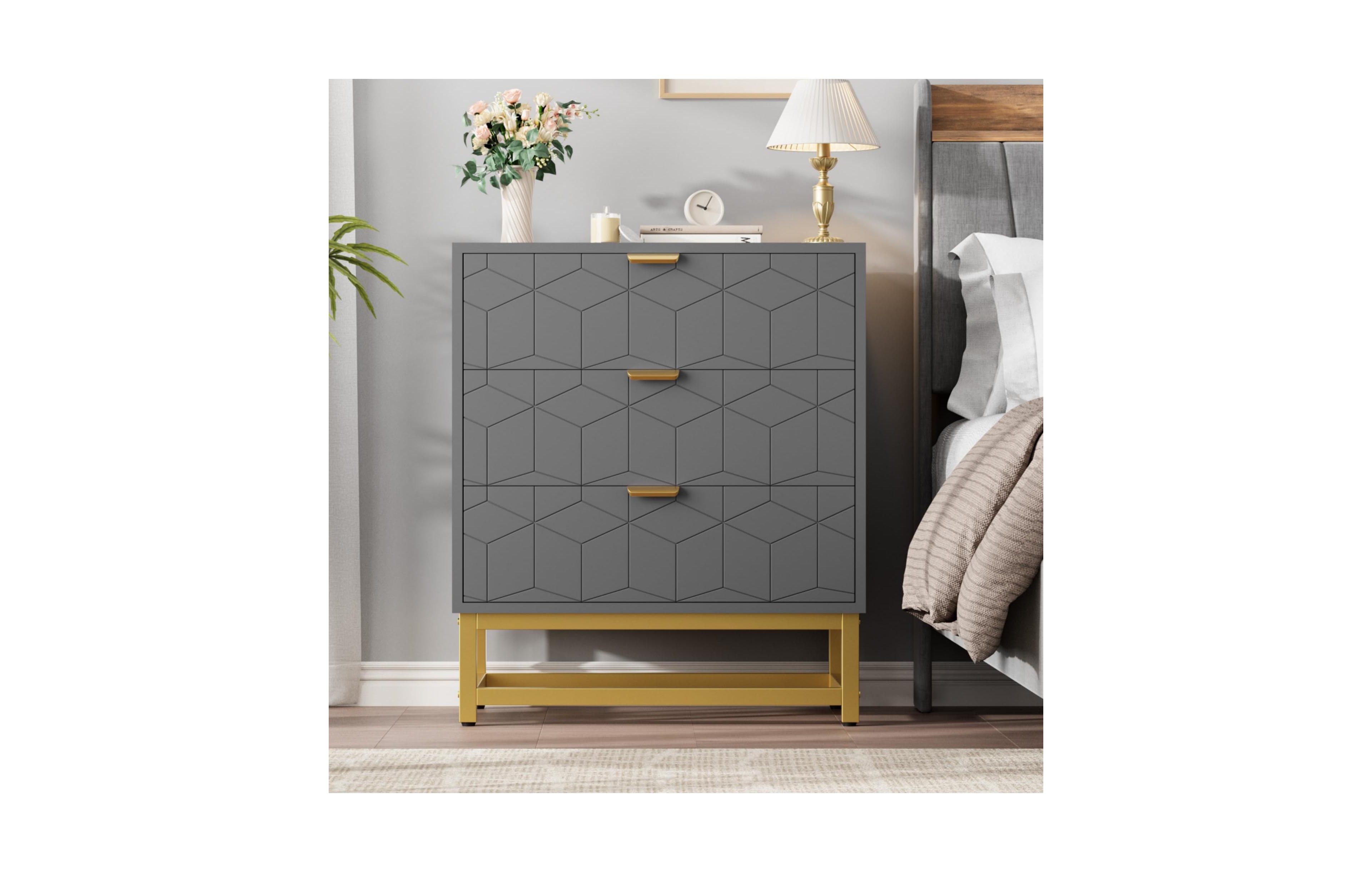 gaomon 3 Drawer Dresser with Metal Legs, Wood Storage Chest Organizer for Bedroom, Living Room, Hallway, Grey