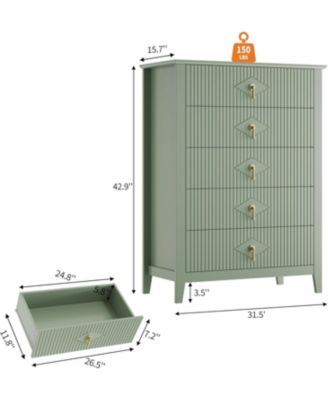 43" Tall Fluted Dresser, 5 Drawer Modern Wood Storage Chest for Living Room or Entryway, Green