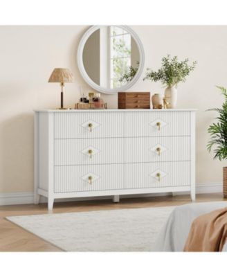54" Wide Fluted Dresser, 6 Drawer Modern Wood Storage Chest for Bedroom or Entryway, White