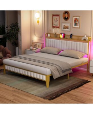 Bed Frame with Charging Station and Storage Headboard, Faux Leather Upholstered Metal Platform Bed, USB Port - King