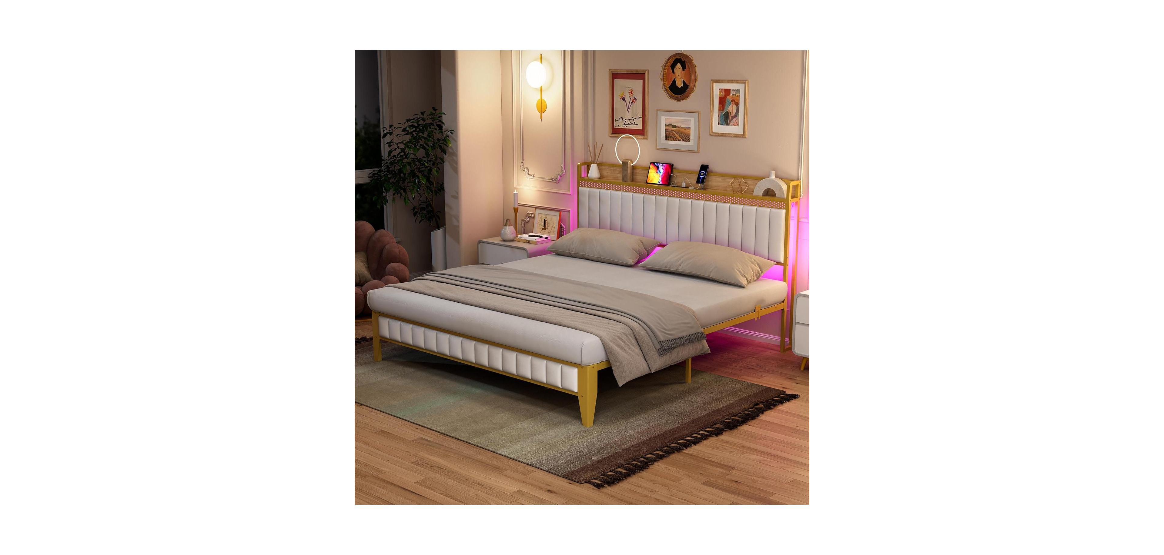 gaomon King Size White Led Bed Frame with Charging Station and Storage Headboard, Faux Leather Upholstered Metal Platform Bed, Usb Port