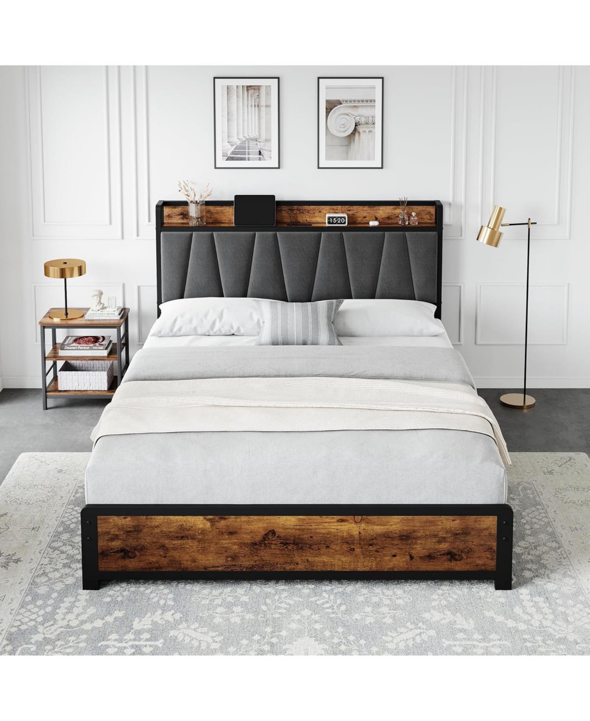 gaomon Bed Frame with Storage Linen Upholstered Headboard, 4 Drawers Platform Bed Frame with Charging Station