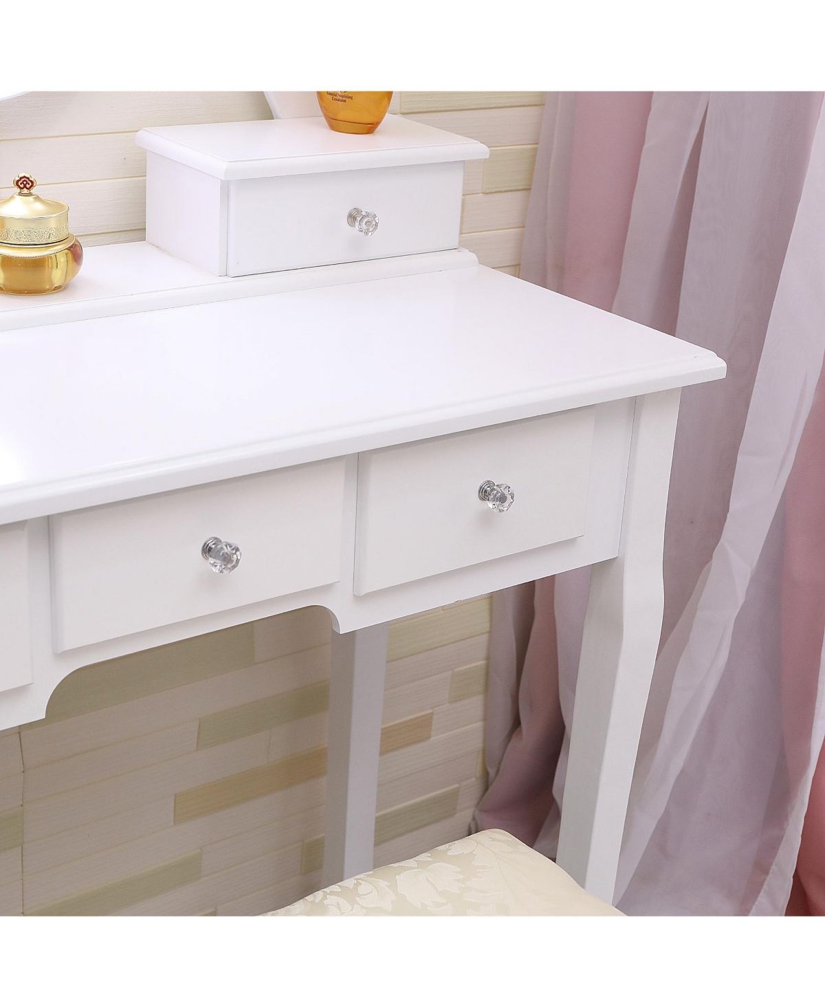 gaomon Vanity Desk with Mirror and Lights, Wood Makeup Dressing Table with Stool and 5 Drawers