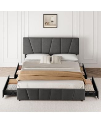 Bed Frame with Adjustable Headboard and 4 Storage Drawers, Soft Upholstered Platform Bed Frames with Wooden Slats Support