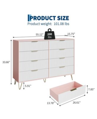 Fluted 8-Drawer Dresser for Bedroom, 55" Wide Modern Wooden Chest of Drawers, Pink