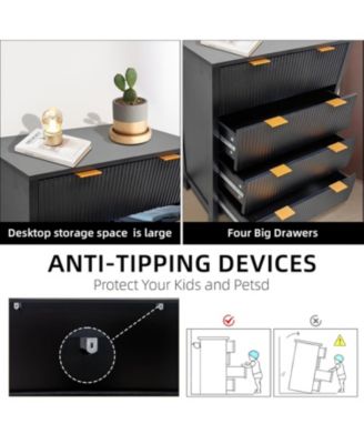 30" Fluted 4-Drawer Dresser, Modern Storage Cabinet with Gold Handles for Bedroom, Black
