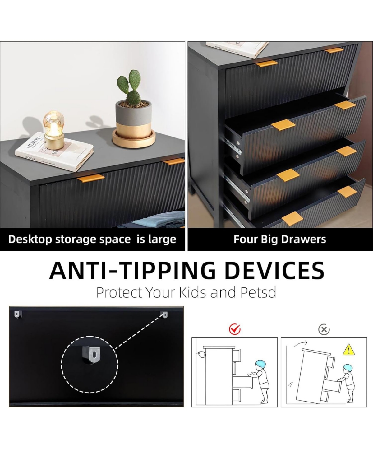 gaomon 30" Fluted 4-Drawer Dresser, Modern Storage Cabinet with Gold Handles for Bedroom, Black