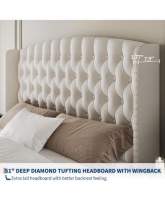 Bed Frame with 51'' Tall Wingback Headboard, Velvet Upholstered Platform Bed Frames with Strong Wood Slats Support, Noise Free, No Box