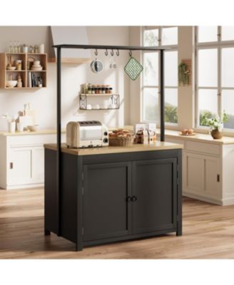 42" Kitchen Island with Storage, Heavy Duty Mobile Cart with Solid Wood Top, Shelves & Hooks, Black