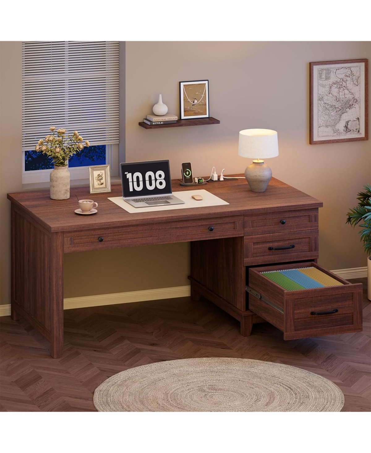 gaomon 53.5" Farmhouse Executive Desk with File Drawers, Charging Station & Storage for Home Office