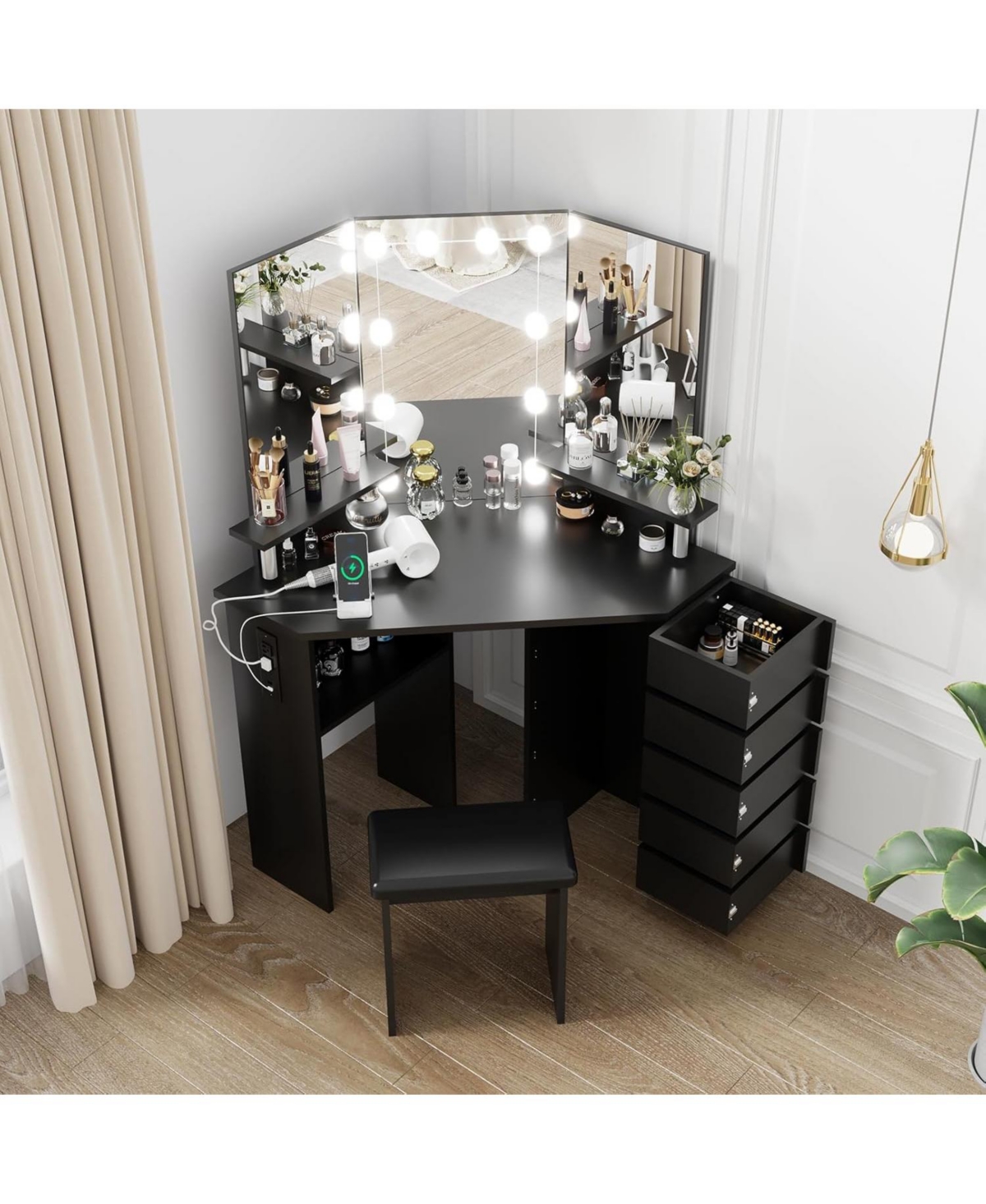 gaomon Corner Makeup Vanity Desk with Lights and Power Outlet, Rotating Drawers and Adjustable Shelves, Black