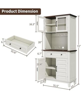 72" Farmhouse Coffee Bar Cabinet, Buffet Sideboard with Storage Drawers and Glass Doors for Kitchen or Dining Room, White