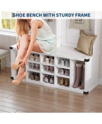 Hall Tree with Bench and Shoe Storage, Tall Farmhouse Entryway Coat Rack with Adjustable Shelf, White