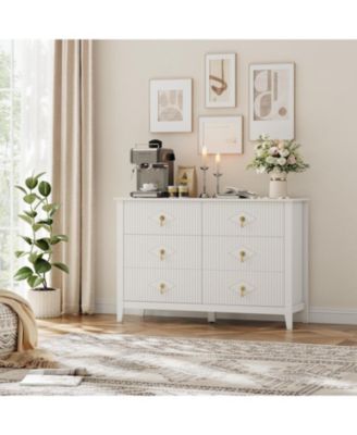 47" Wide Fluted Dresser, 6 Drawer Modern Wood Storage Chest for Bedroom or Living Room, White