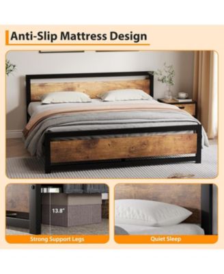 14 Inch Heavy Duty Industrial Metal Platform Bed Frame with Wooden Headboard - King