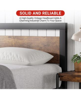 14 Inch Heavy Duty Industrial Metal Platform Bed Frame with Wooden Headboard - Full