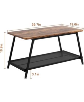 Coffee Table Industrial Center Table 2-Tier Living Room with Mesh Shelf Rectangle Wood Cocktail Table Metal Frame, Easy to Assemble