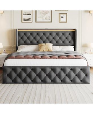  LED Platform Bed Frame with Charging Station, Velvet Upholstered Bed Frame with Button Wingback Headboard, No Box Spring Needed