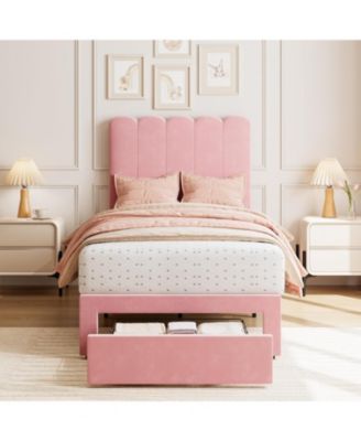 Twin Bed Frame with Drawer, Velvet Upholstered Platform Bed with Wave Headboard for Kids/Girls, Wooden Slats Support, No Box Spring Needed
