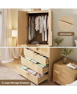 69.5" Wooden Wardrobe Cabinet with Drawers, Hanging Rod & Doors Armoire Wardrobe Closet