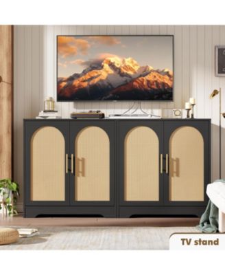 Sideboard Buffet Cabinet with 2 Rattan Doors & Shelves, Modern Credenza Coffee Bar Cabinet