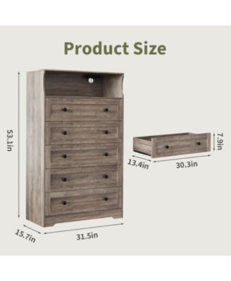 5-Drawer Wooden Dresser with LED Lights & Charging Station, Modern Nightstand Chest for Bedroom