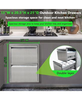 13" Outdoor Kitchen Drawers, Stainless Steel 2-Layer Flush Mount BBQ Drawers for Grill Station