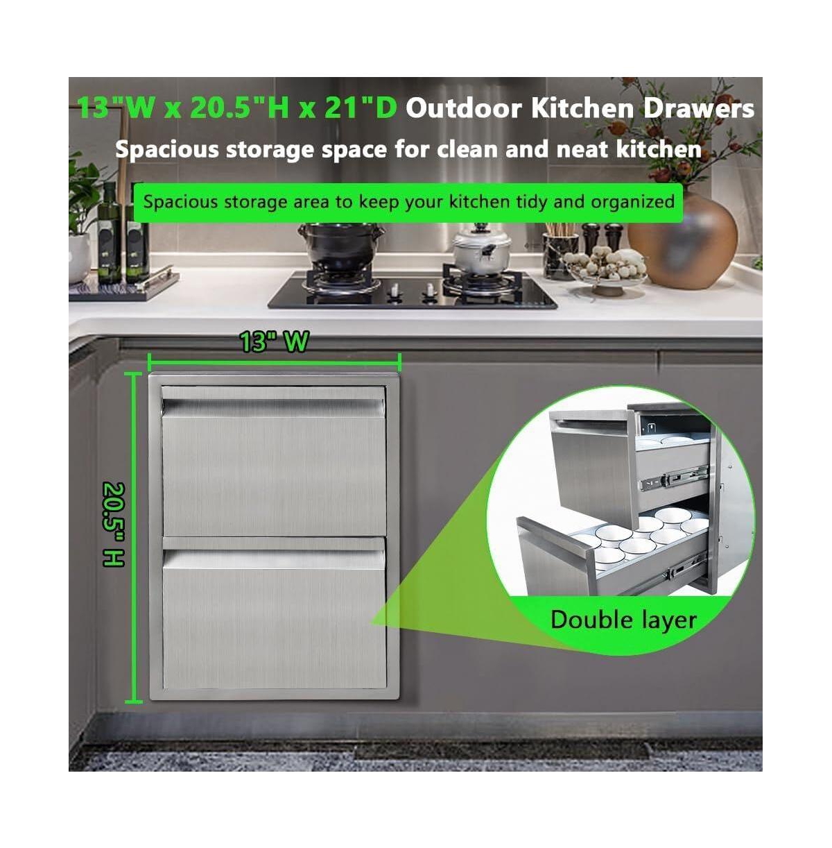 Gaomon 13" Outdoor Kitchen Drawers, Stainless Steel 2-Layer Flush Mount Bbq Drawers for Grill Station