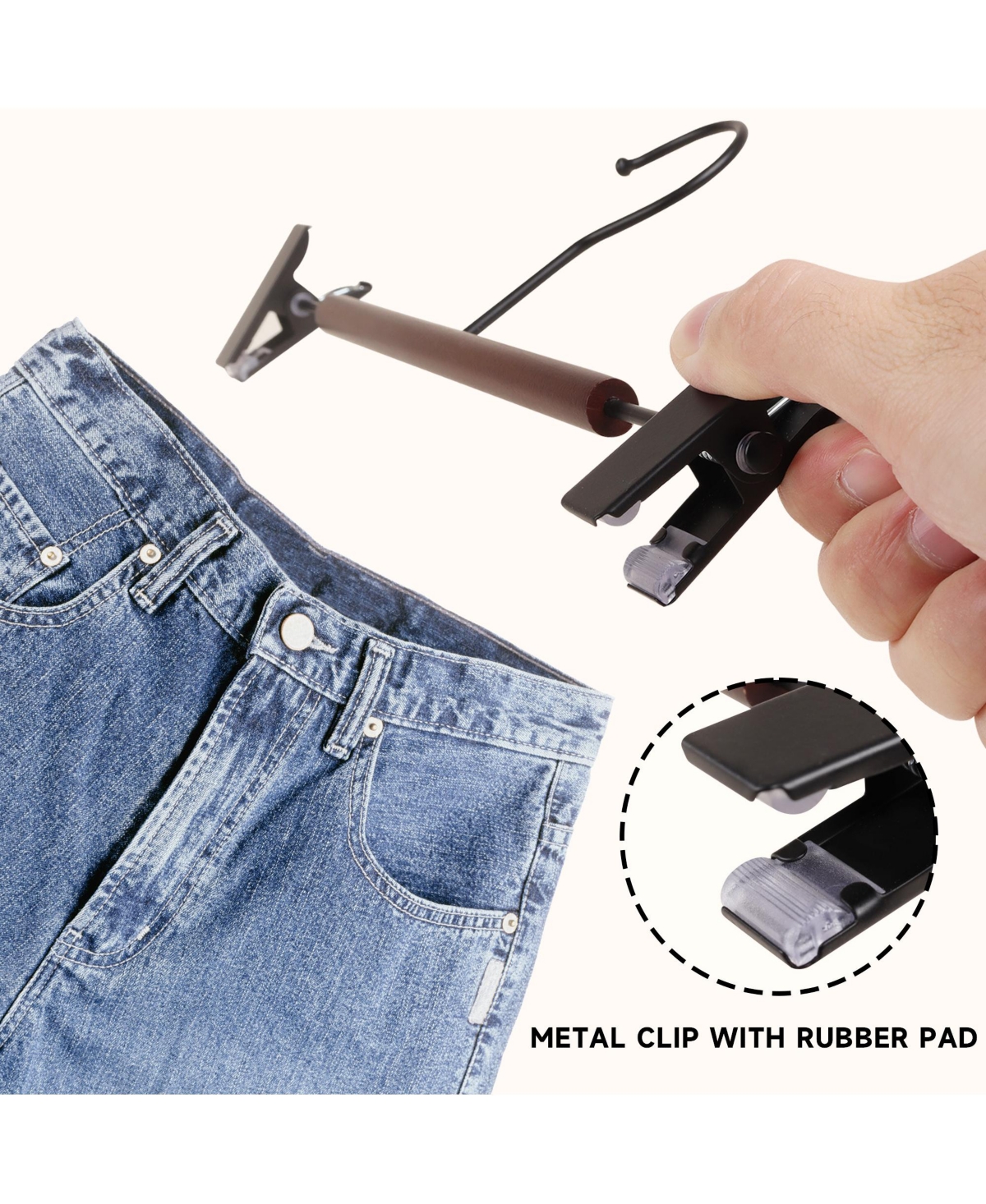 BP4U 12-Pack Metal Pants Hangers with Adjustable Clips, Premium Beech Wood Skirt Bottom for Trousers, Jeans, Shorts, Socks