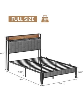 Bed Frame with Headboard Storage & Charging Station, Grey Upholstered Platform Bed with RGB LED Lights, Remote/APP Control