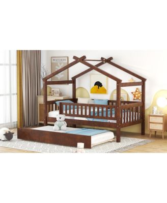 Twin Size Wooden House Bed With Twin Size Trundle