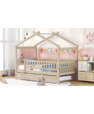Twin Size Wooden House Bed With Twin Size Trundle
