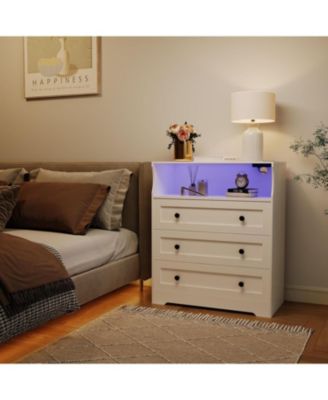3-Drawer Wooden Dresser with LED Lights & Charging Station, Storage Chest for Living Room & Closet