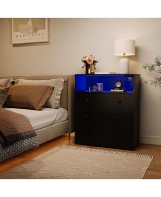 3-Drawer Wooden Dresser with LED Lights & Charging Station, Storage Chest for Living Room & Closet