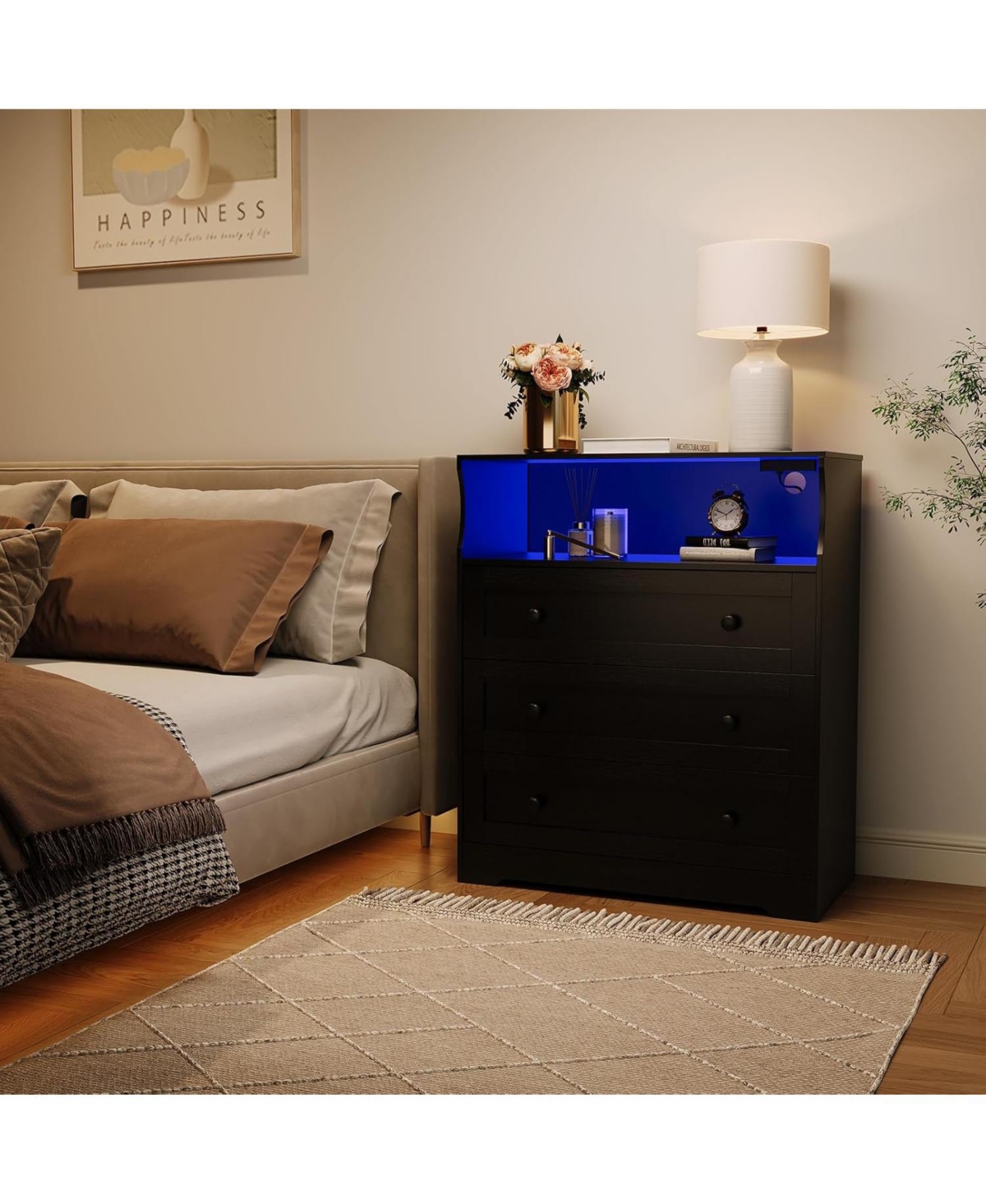 gaomon 3-Drawer Wooden Dresser with Led Lights & Charging Station